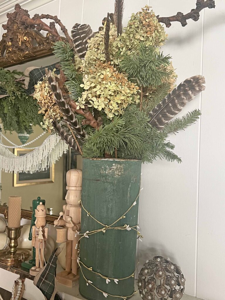 vintage Christmas mantel styling with Plaid & Pearls