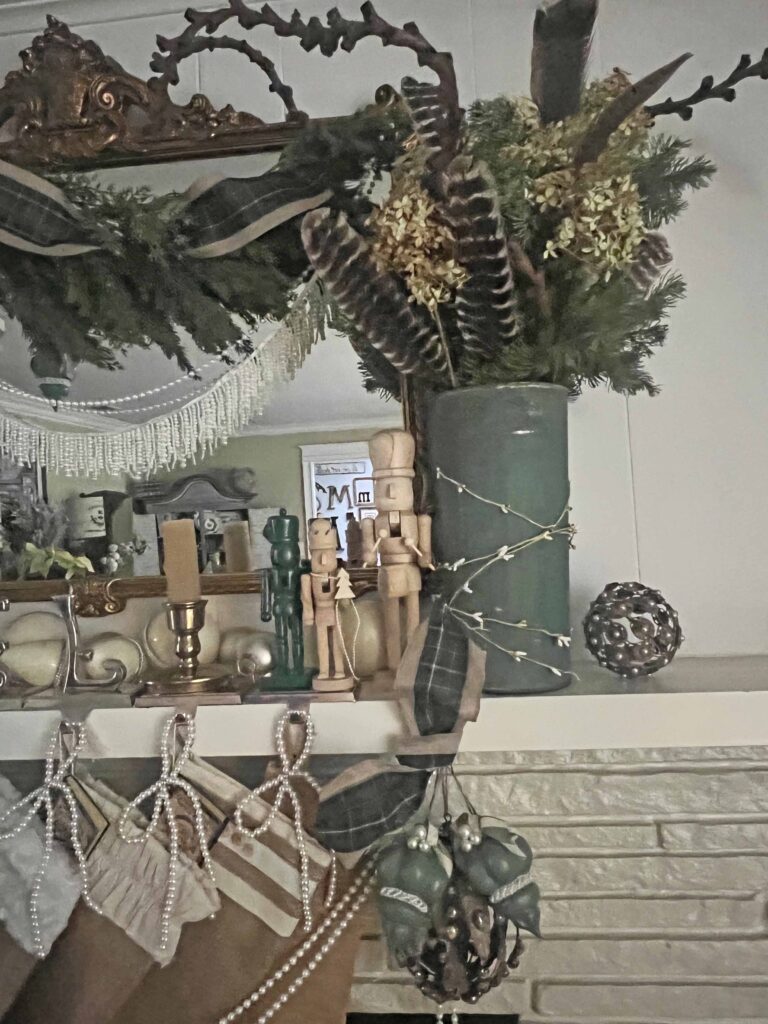 vintage Christmas mantel styling with Plaid & Pearls