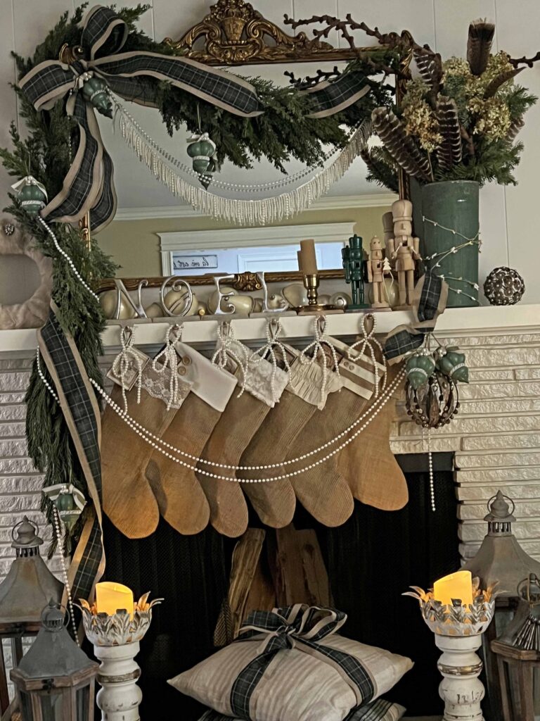 vintage Christmas mantel styling with Plaid & Pearls
