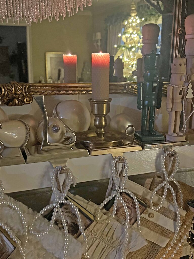 vintage Christmas mantel styling with Plaid & Pearls