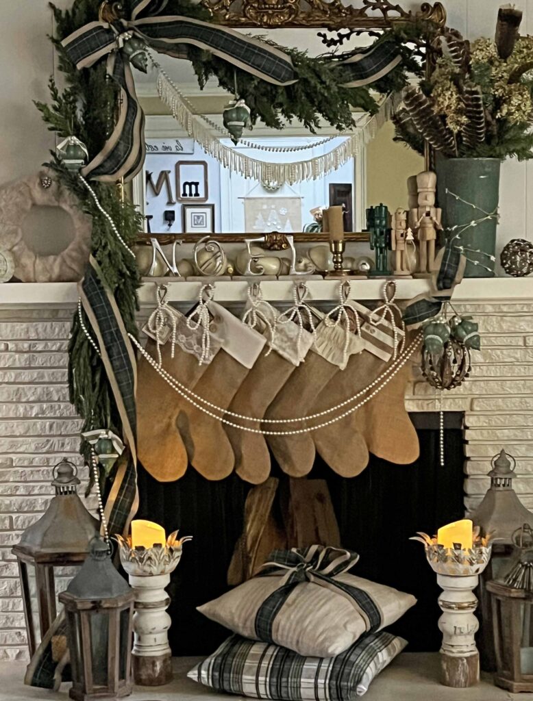 vintage Christmas mantel styling with Plaid & Pearls