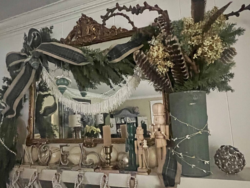 vintage Christmas mantel styling with Plaid & Pearls