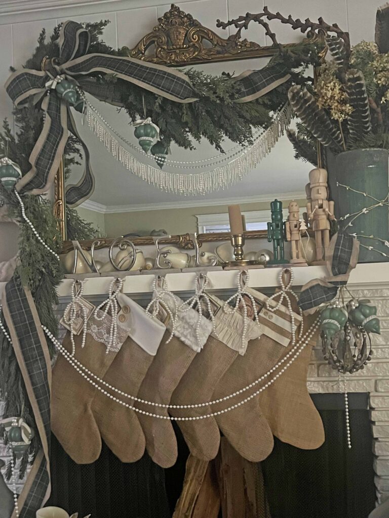 vintage Christmas mantel styling with Plaid & Pearls
