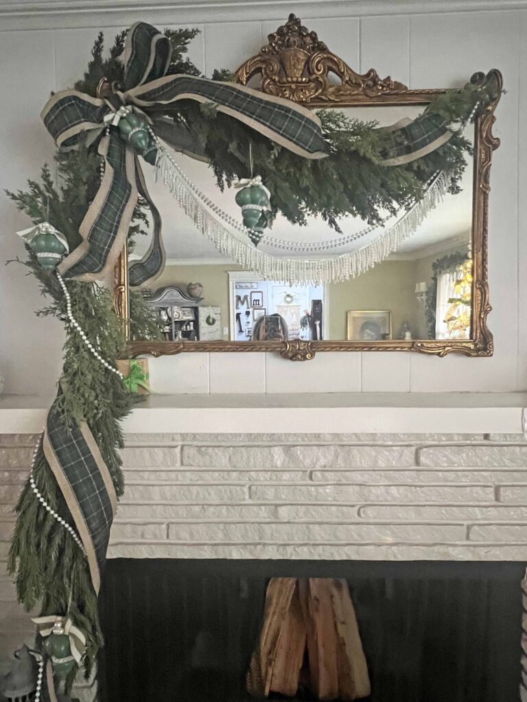 vintage Christmas mantel styling with Plaid & Pearls