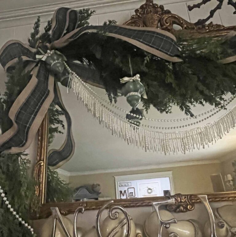 Vintage Christmas Mantel Styling with Plaid and Pearls