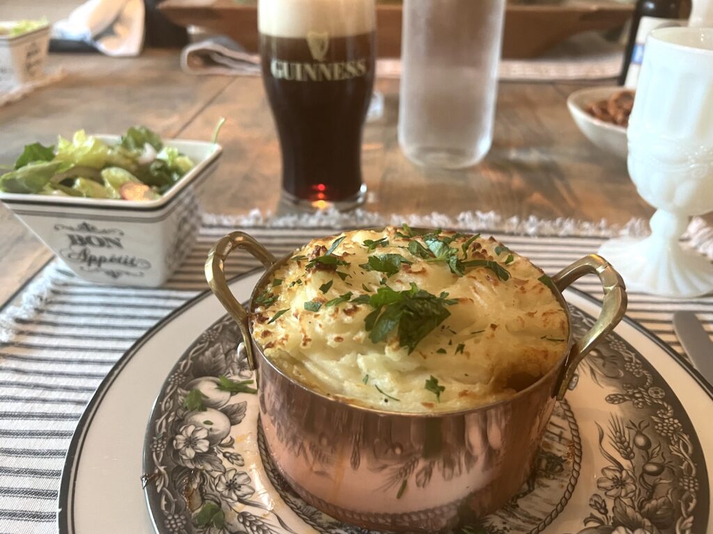 St. Patrick's day dinner shepherd's pie and Guinness