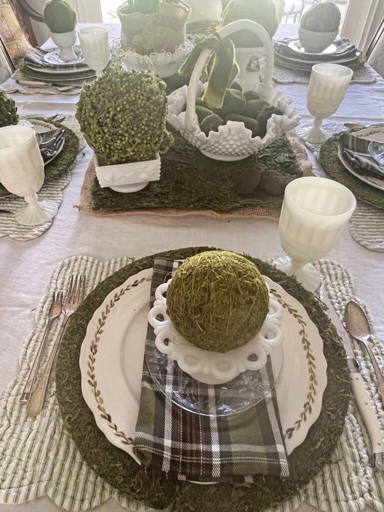 setting a Saint Patrick's day table using vintage milk glass
