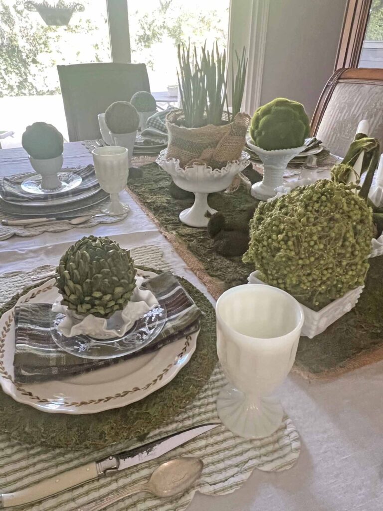 setting a Saint Patrick's day table using vintage milk glass