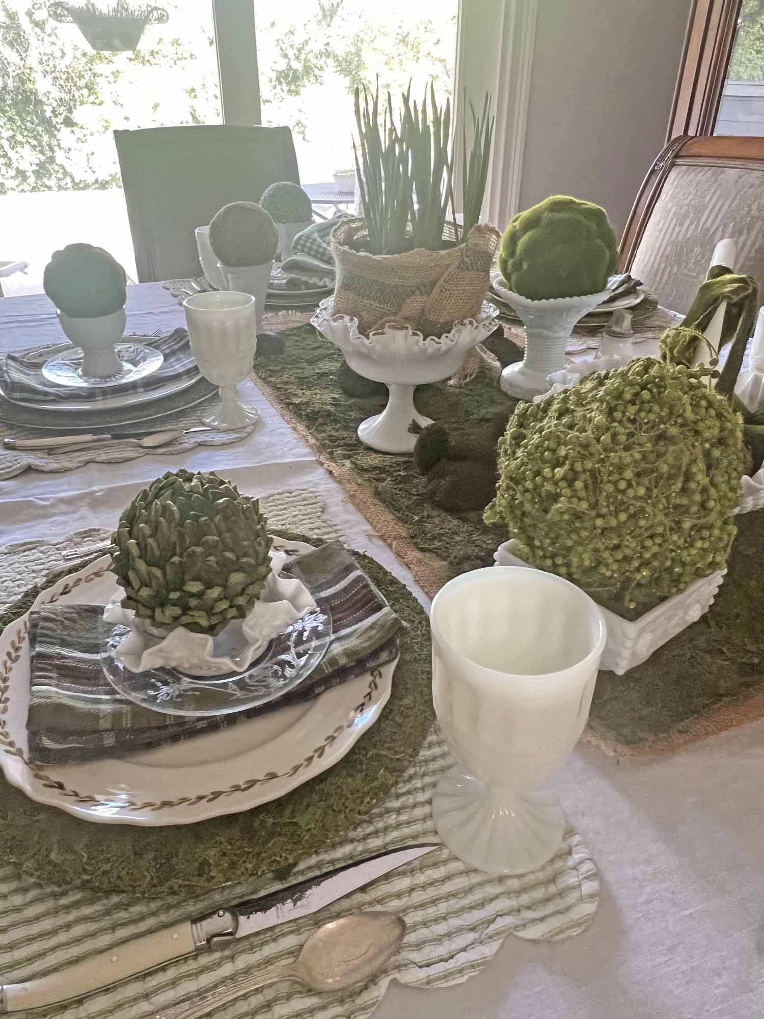 setting a Saint Patrick's day table using vintage milk glass