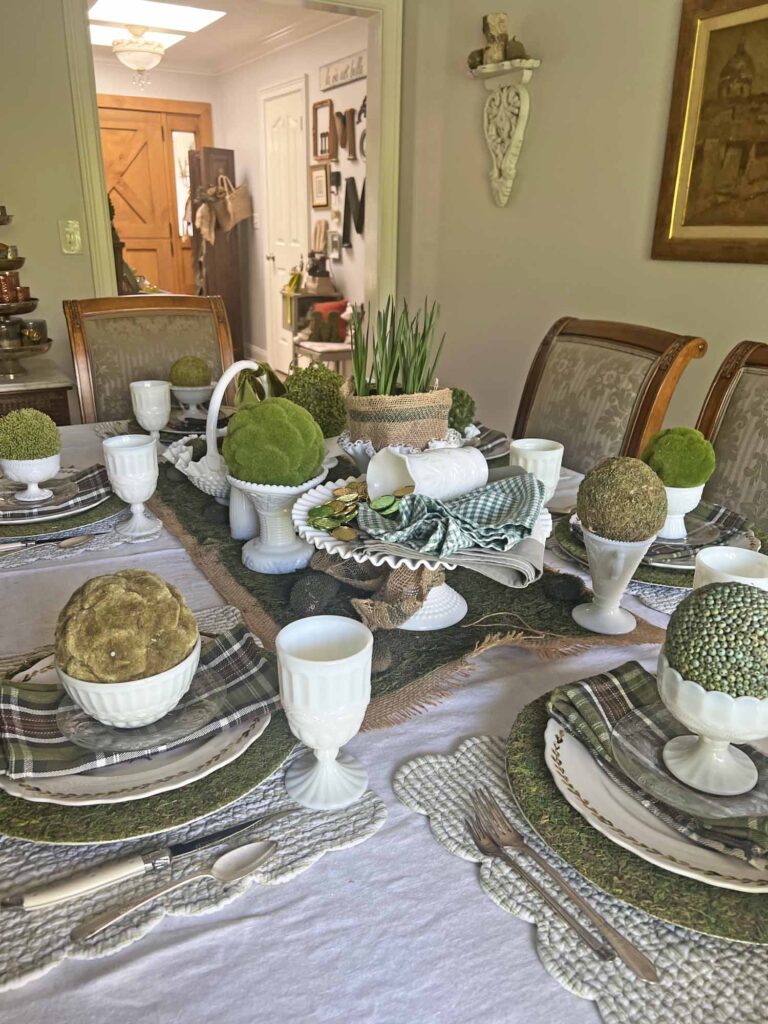 setting a Saint Patrick's day table using vintage milk glass