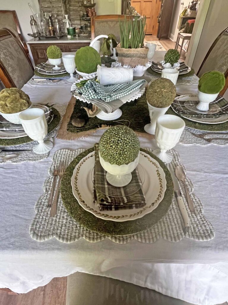 setting a Saint Patrick's day table using vintage milk glass