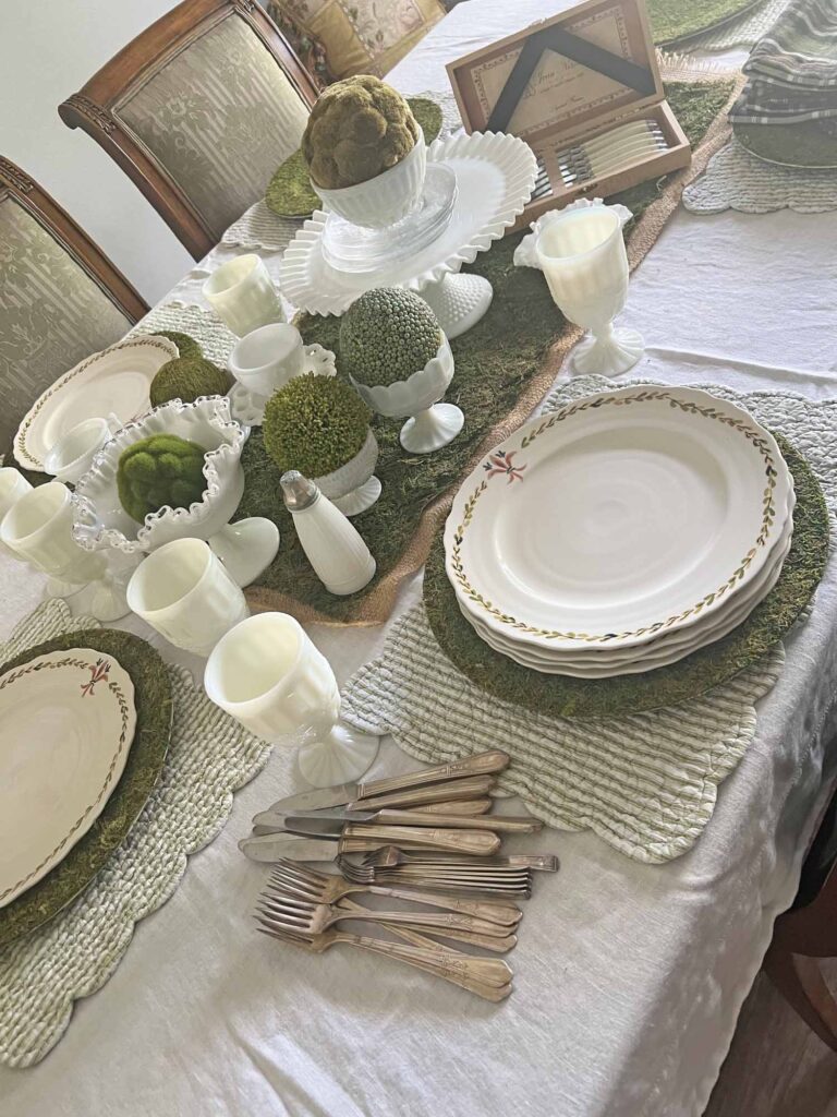 setting a Saint Patrick's day table using vintage milk glass