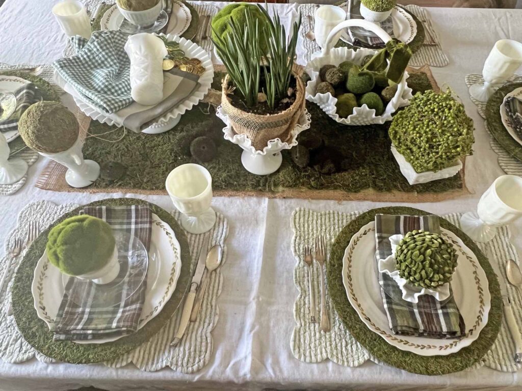 setting a Saint Patrick's day table using vintage milk glass