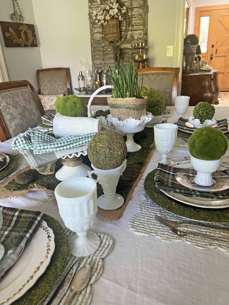 setting a Saint Patrick's day table using vintage milk glass