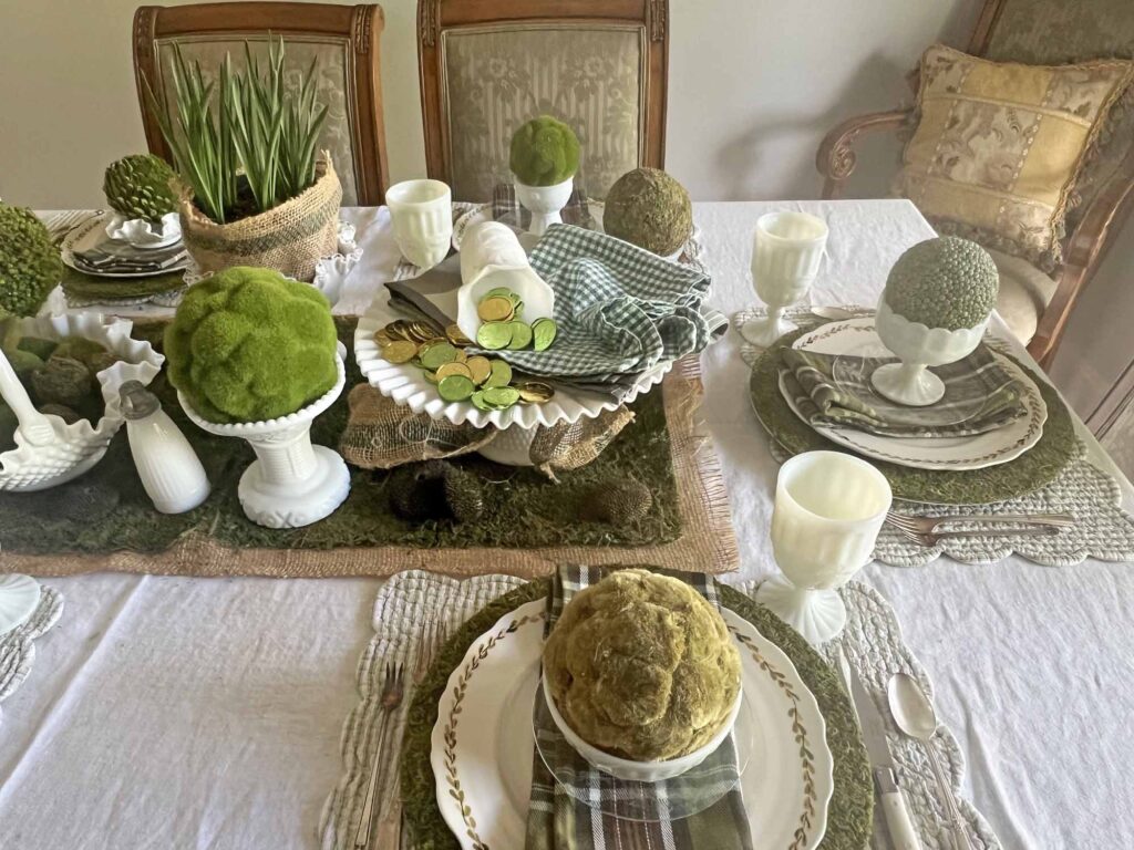setting a Saint Patrick's day table using vintage milk glass