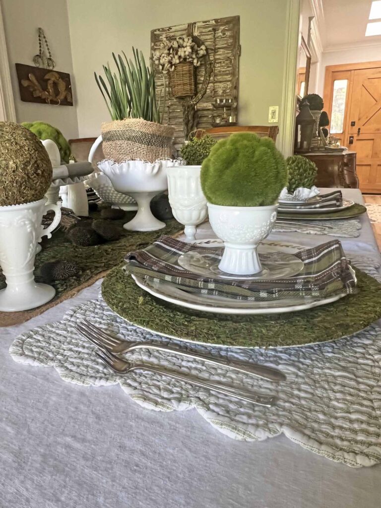 setting a Saint Patrick's day table using vintage milk glass