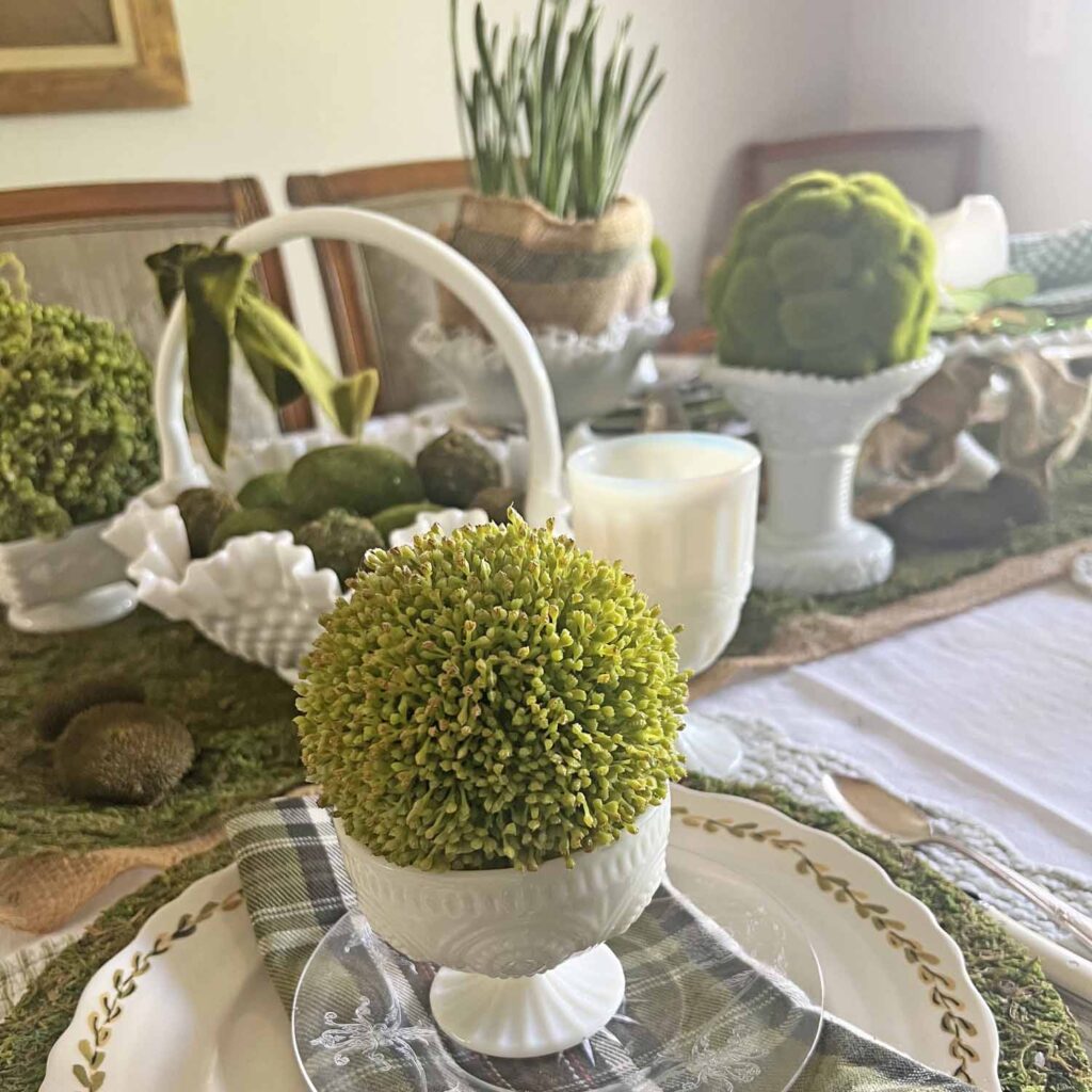 setting a Saint Patrick's day table using vintage milk glass