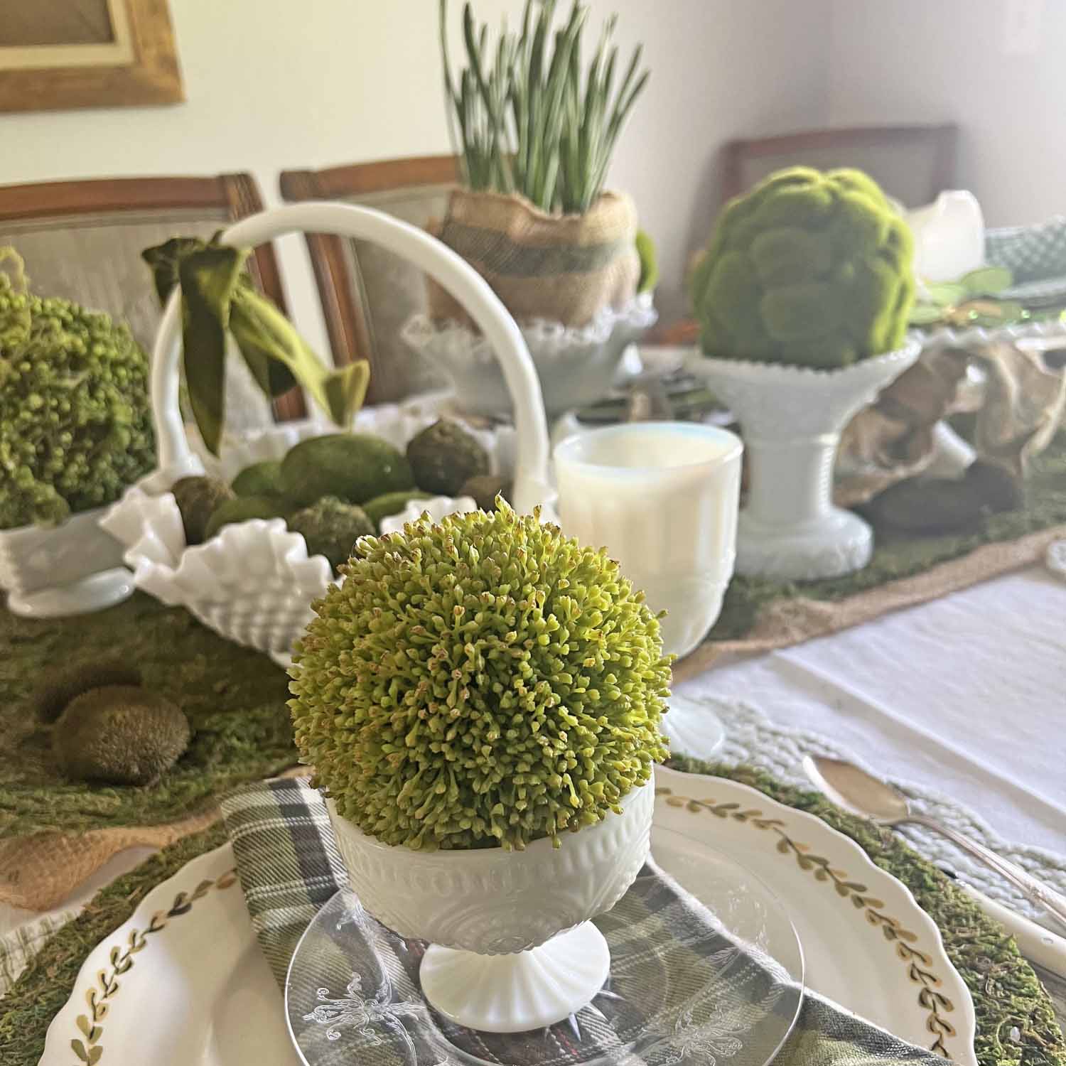 setting a Saint Patrick's day table using vintage milk glass