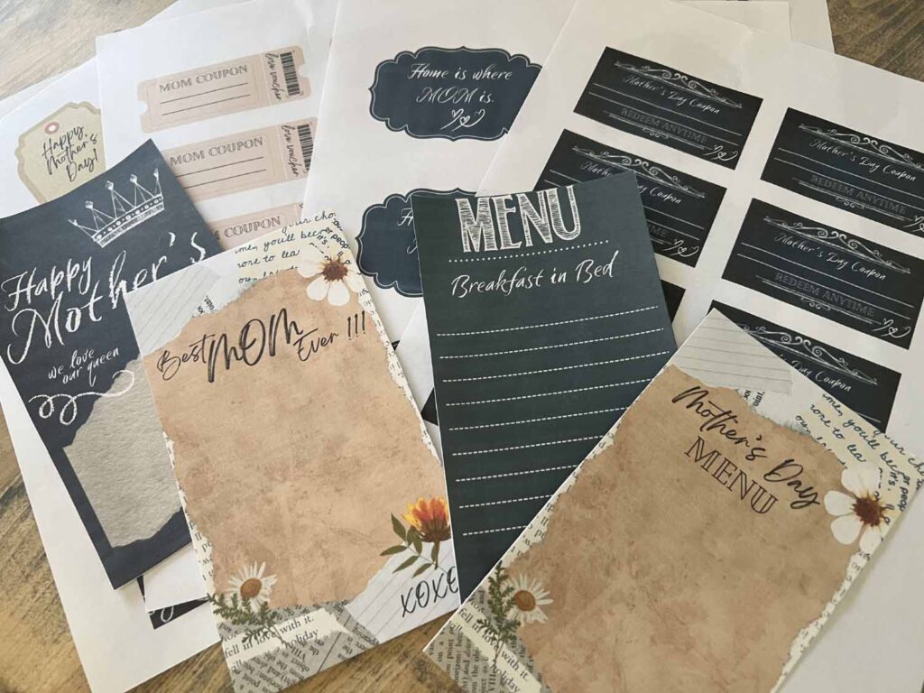 Mother's Day free printables cards coupons menus tags