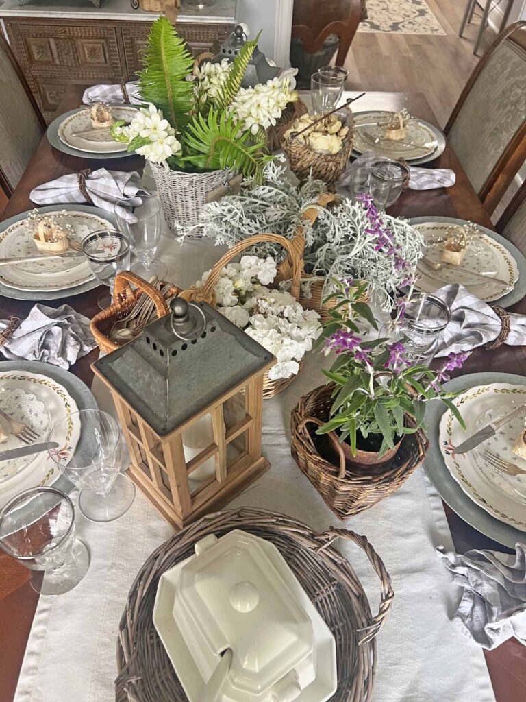 How to Create a Unique Floral Table Setting with Thrifted Baskets Full Table