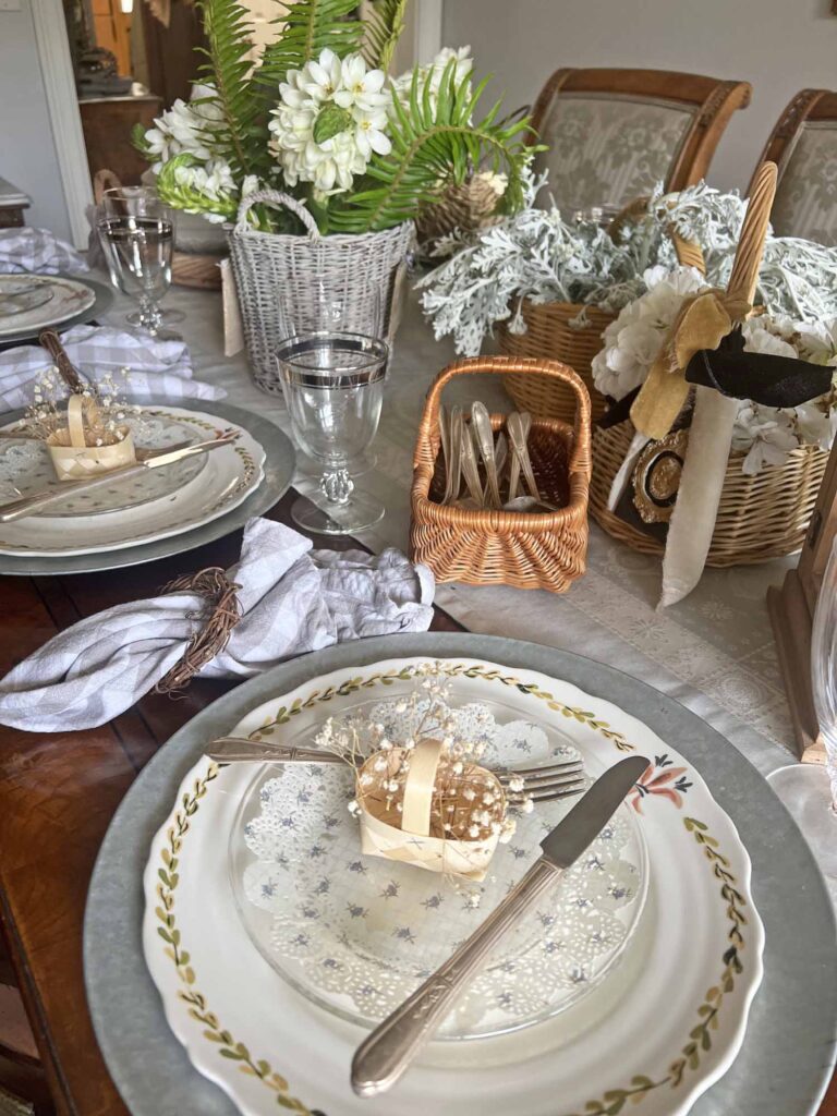 How to Create a Unique Floral Table Setting with Thrifted Baskets angled tables spoons