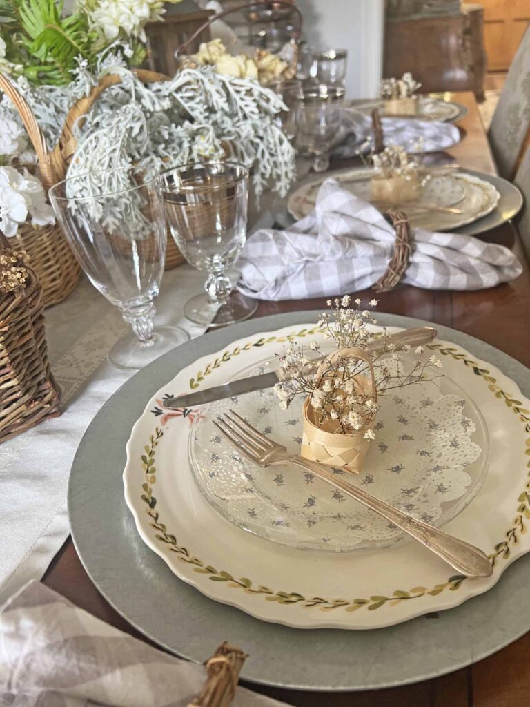 How to Create a Unique Floral Table Setting with Thrifted Baskets Place setting down table towards foyer