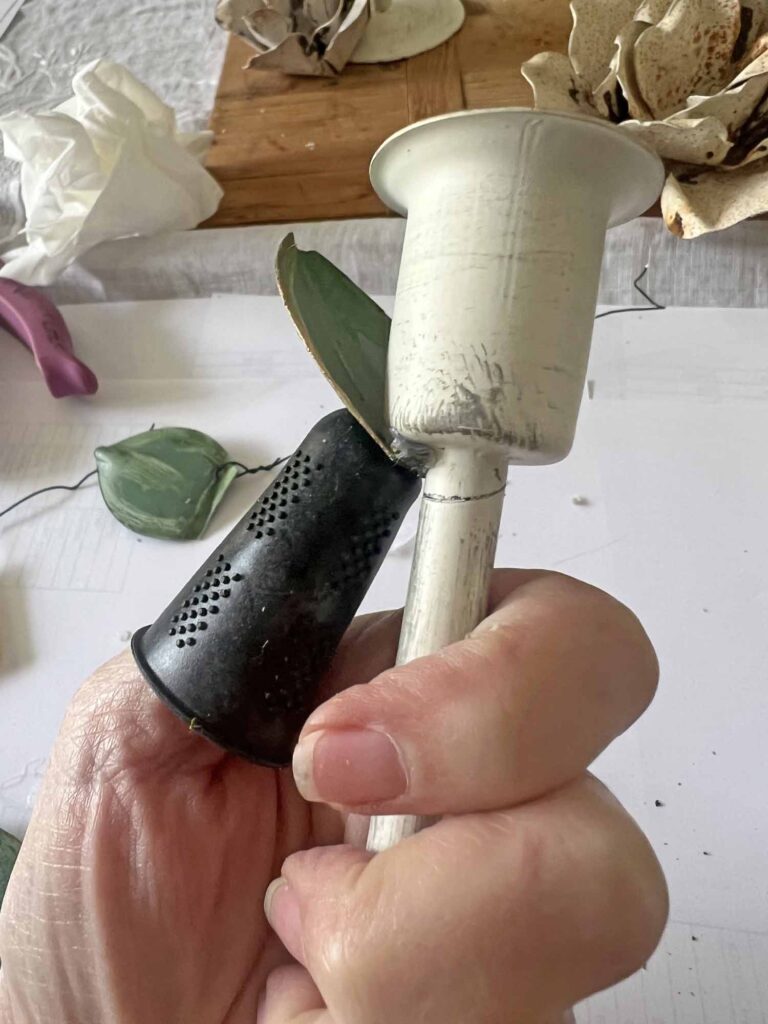 Learn How to Easily DIY the Floral Metal Tole Look: Anthropologie Inspired attaching leaf on cup