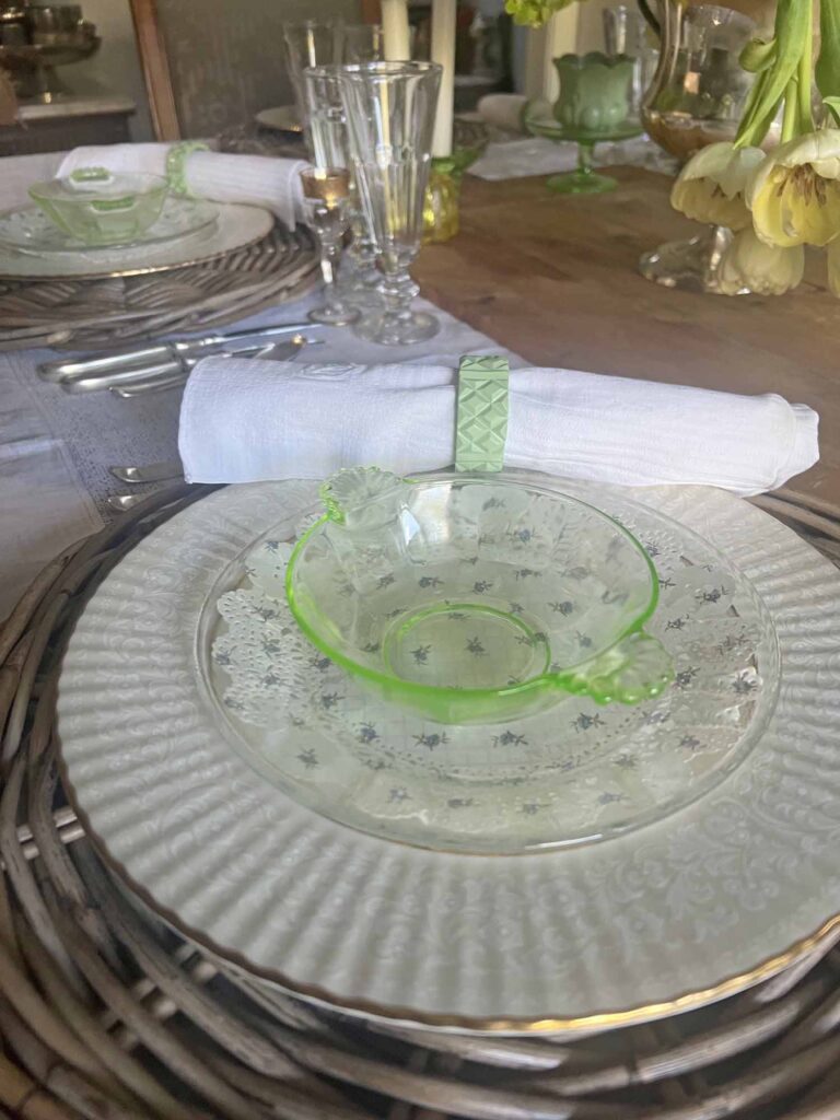 how to set a vintage inspired spring table plate stack with Lenox china doily plate green depression glass