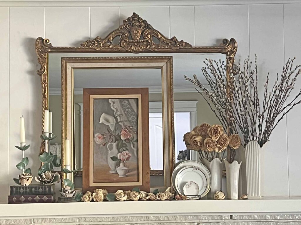 Summer fireplace mantel styling: A vintage rose inspired display for a collected home