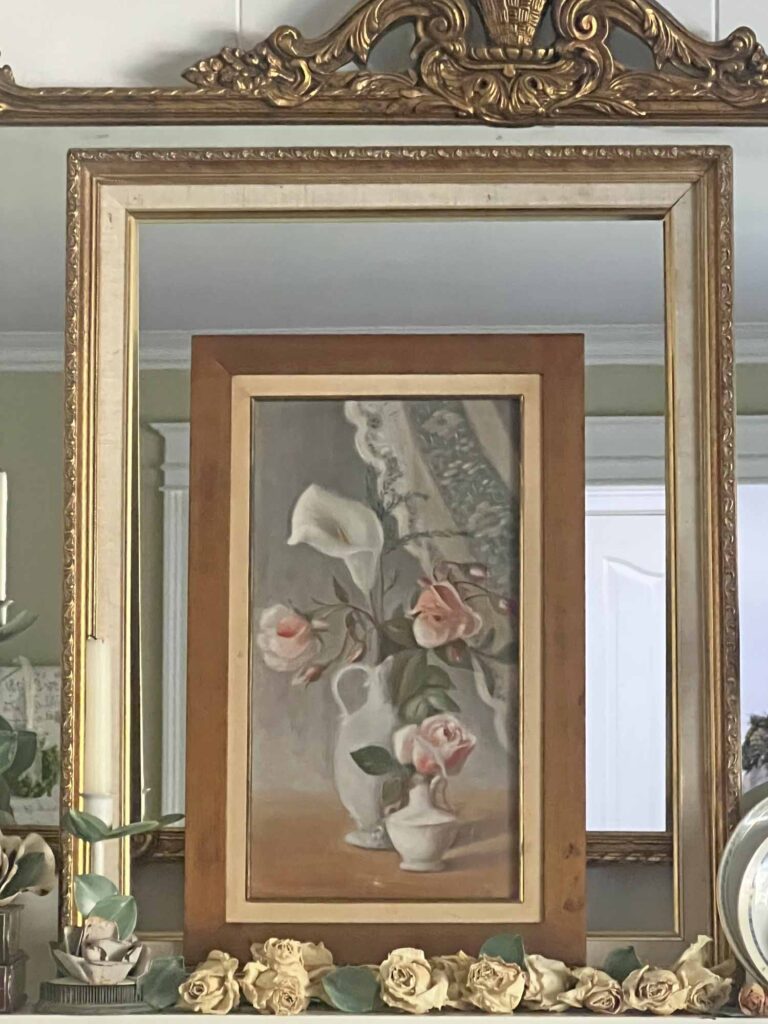 Summer fireplace mantel styling: A vintage rose inspired display for a collected home - Abuela Antonia's painting