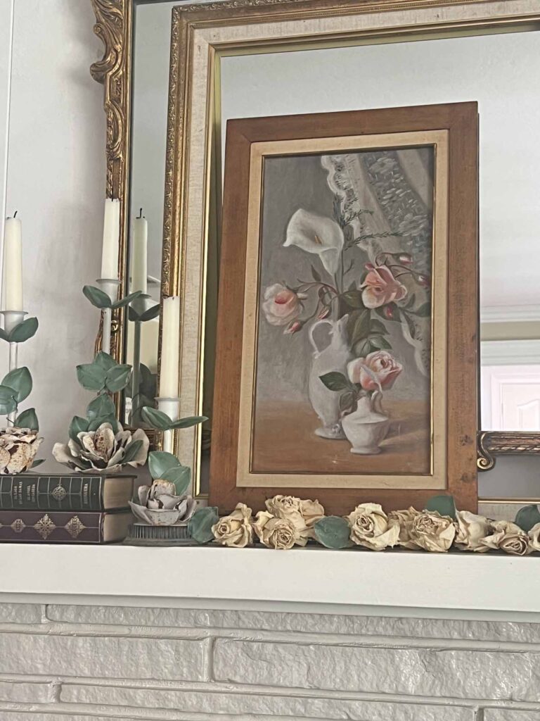 Summer fireplace mantel styling: A vintage rose inspired display for a collected home - candle sticks DIY & vintage books