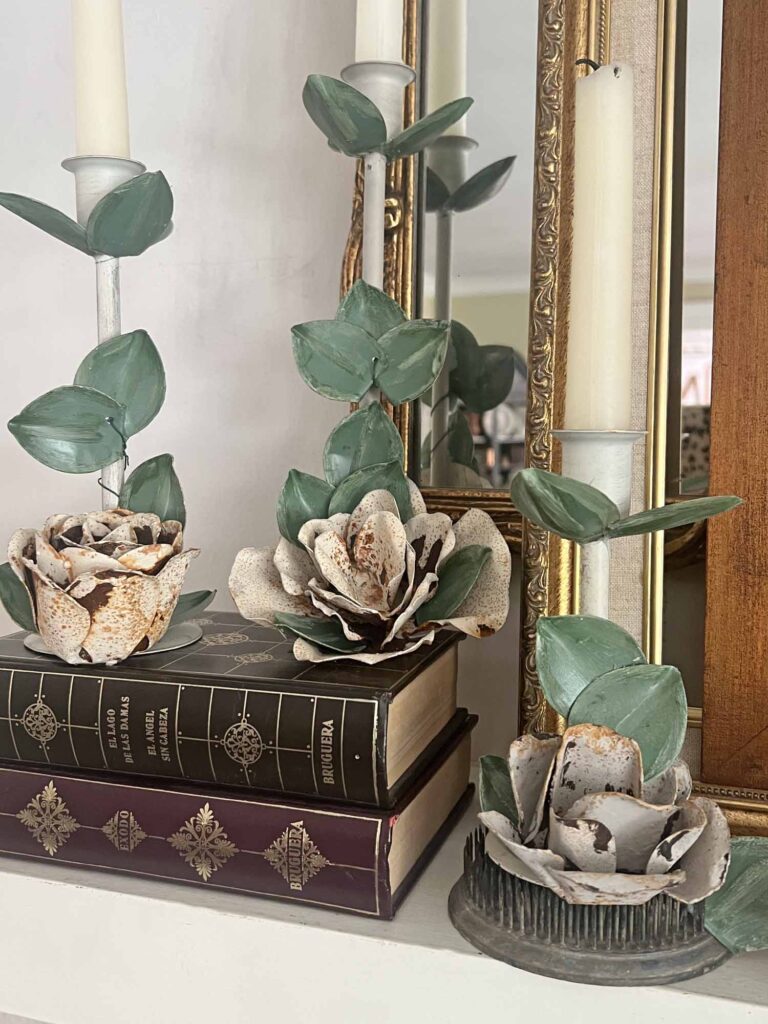 Summer fireplace mantel styling: A vintage rose inspired display for a collected home - tole DIY candle sticks close-up