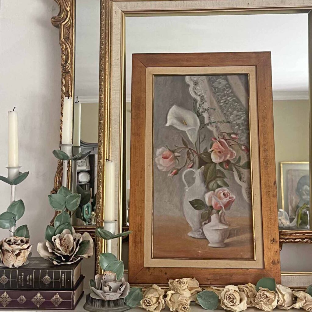 Summer fireplace mantel styling: A vintage rose inspired display for a collected home