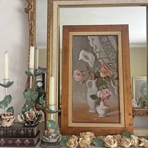 Summer fireplace mantel styling: A vintage rose inspired display for a collected home