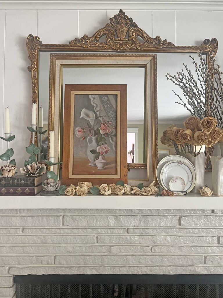 Summer fireplace mantel styling: A vintage rose inspired display for a collected home - full fireplace