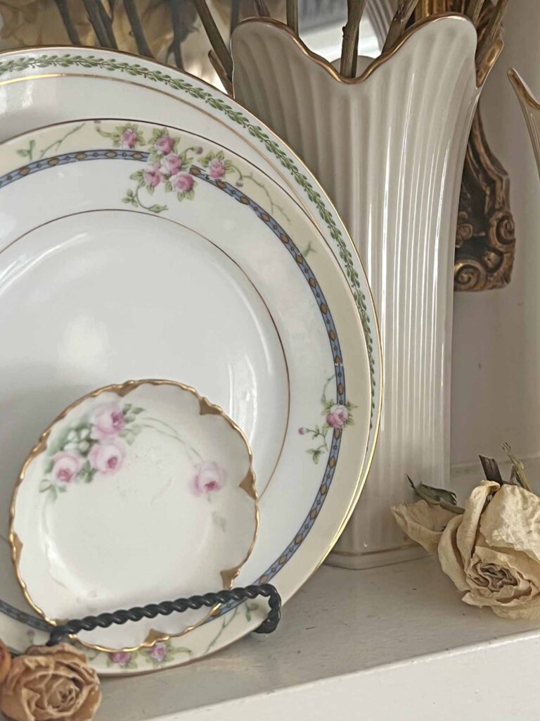 Summer fireplace mantel styling: A vintage rose inspired display for a collected home - thrifted china close-up