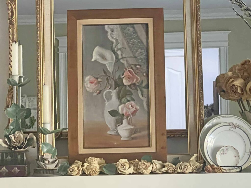 Summer fireplace mantel styling: A vintage rose inspired display for a collected home - tight mantel shelf