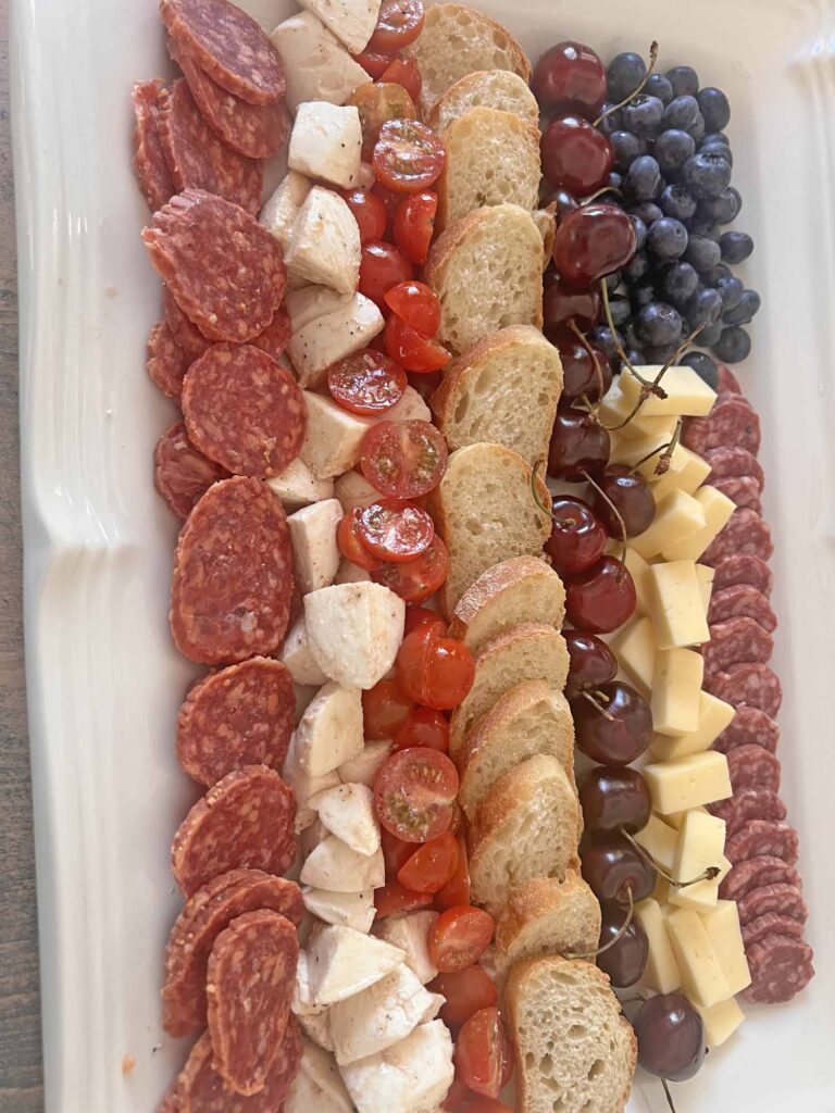 American flag charcuterie board recipe completed platter sans white star