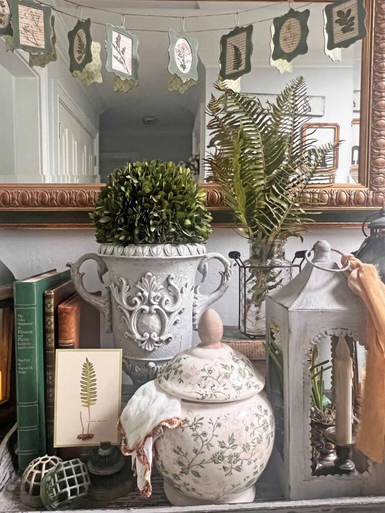 botanical summer decor vignette in the foyer