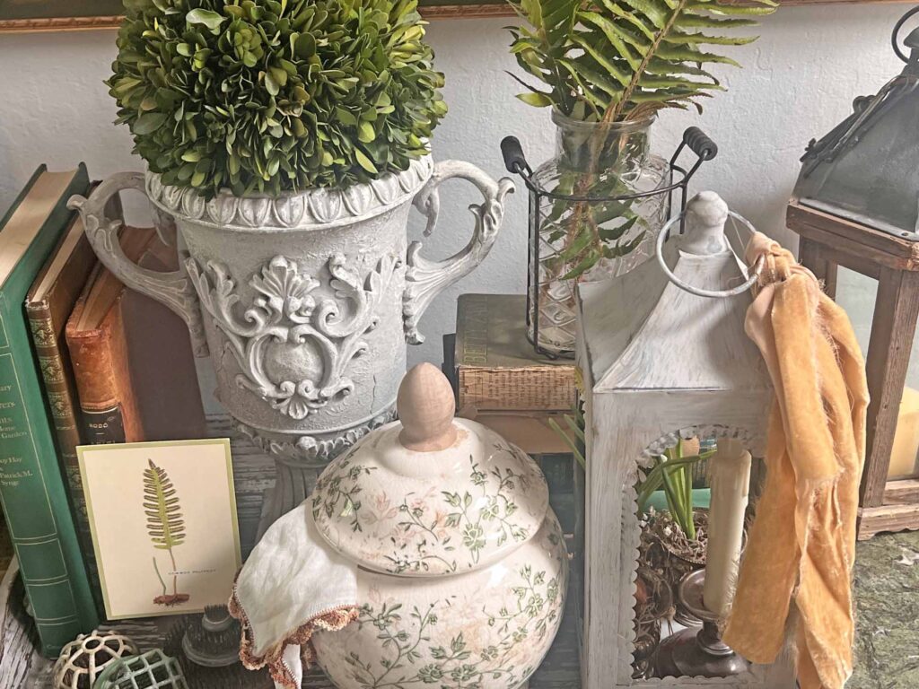 botanical summer decor vignette in the foyer overhead close-up