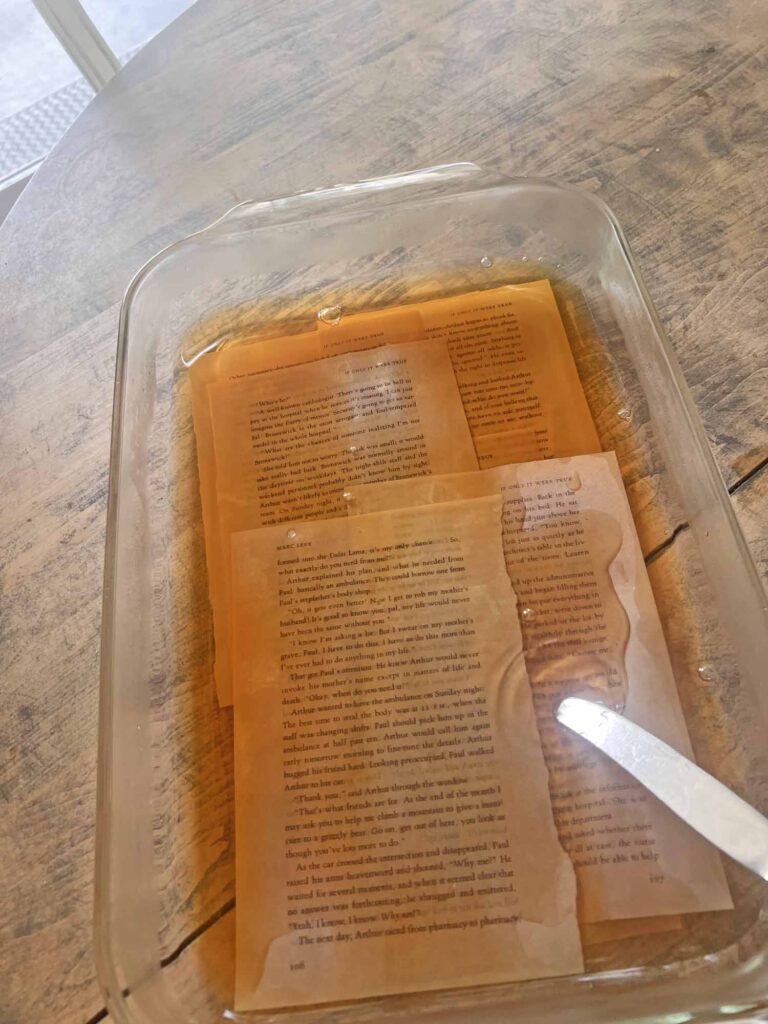 Summer craft: Botanical pressed flower garland DIY submerged book pages in tea stain