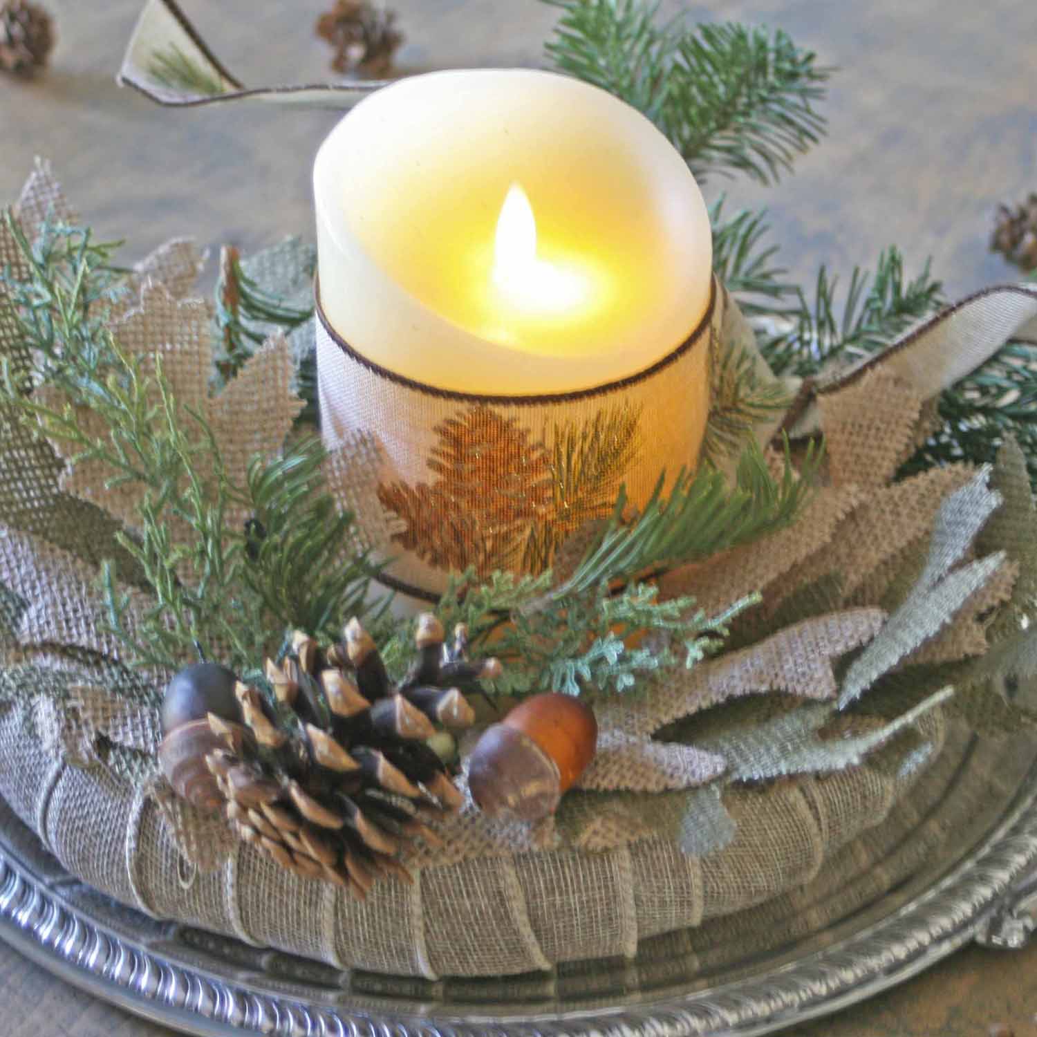 burlap pinecone candle ring DIY good from Fall through end of winter