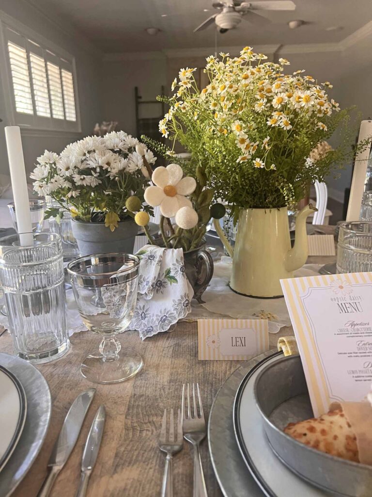 Oopsie daisy inspired tablescape centerpiece looking at family room