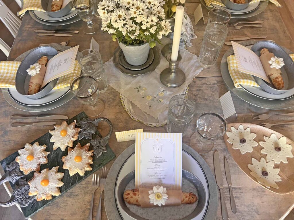 Oopsie daisy inspired tablescape with food options