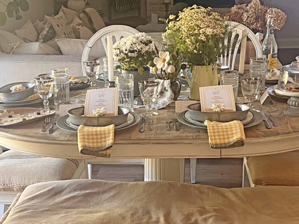 Oopsie daisy inspired tablescape full side of table with bench