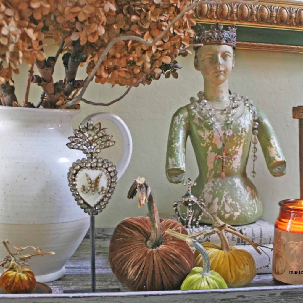 fall foyer decor styling with velvet pumpkins