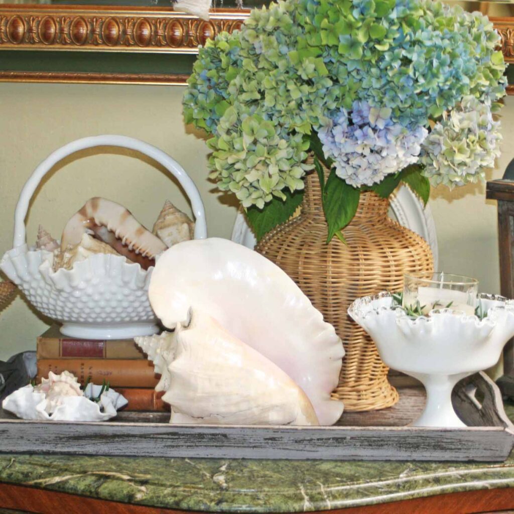 seashell summer vignette in the foyer