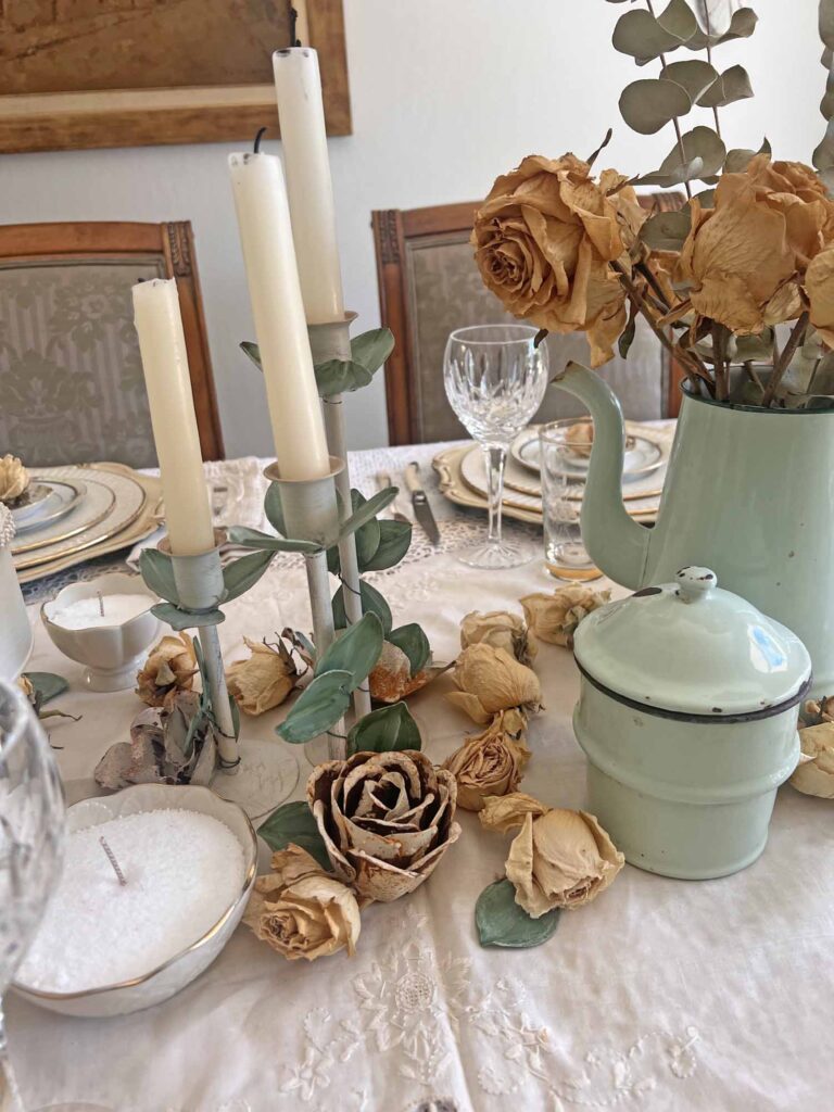 Stop & smell the roses summer tablescape - Anthropologie dupe candlesticks - French enamel coffee pot - Lenox sand candle