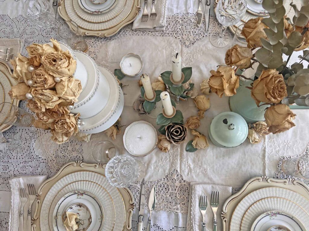 Stop & smell the roses summer tablescape centerpiece overhead