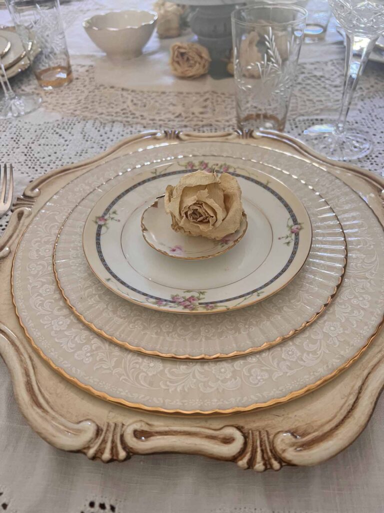 Stop & smell the roses summer tablescape angled plate stack
